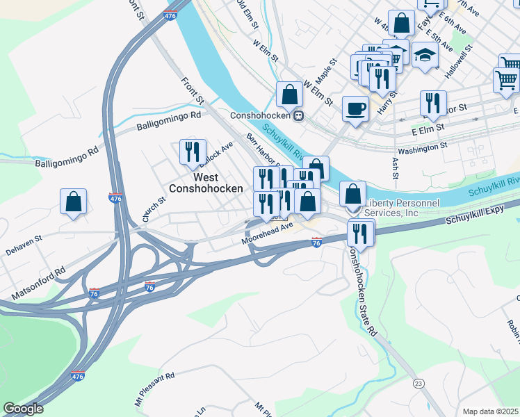 map of restaurants, bars, coffee shops, grocery stores, and more near 205 Ford Street in Conshohocken