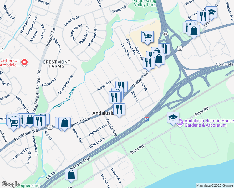 map of restaurants, bars, coffee shops, grocery stores, and more near 1023 Bristol Pike in Bensalem
