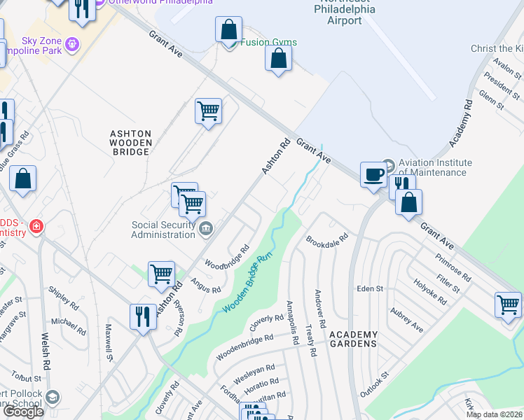 map of restaurants, bars, coffee shops, grocery stores, and more near 9491 Woodbridge Road in Philadelphia
