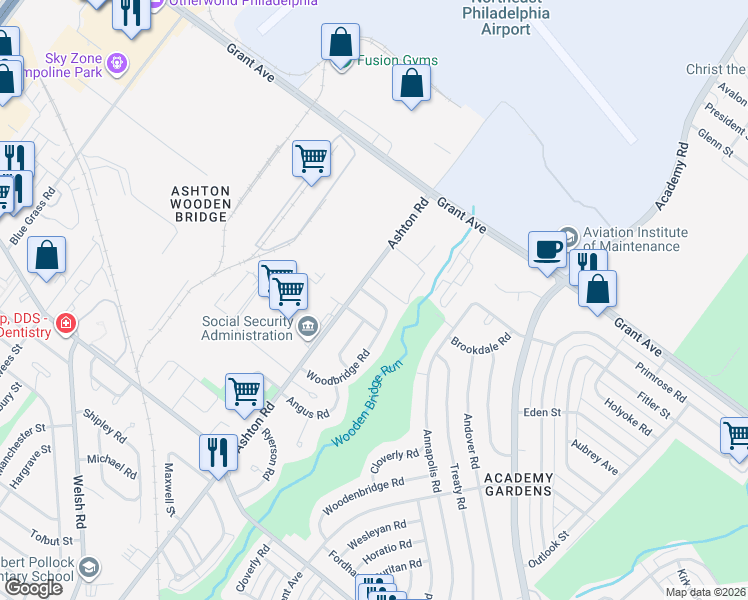 map of restaurants, bars, coffee shops, grocery stores, and more near 9491 Woodbridge Road in Philadelphia