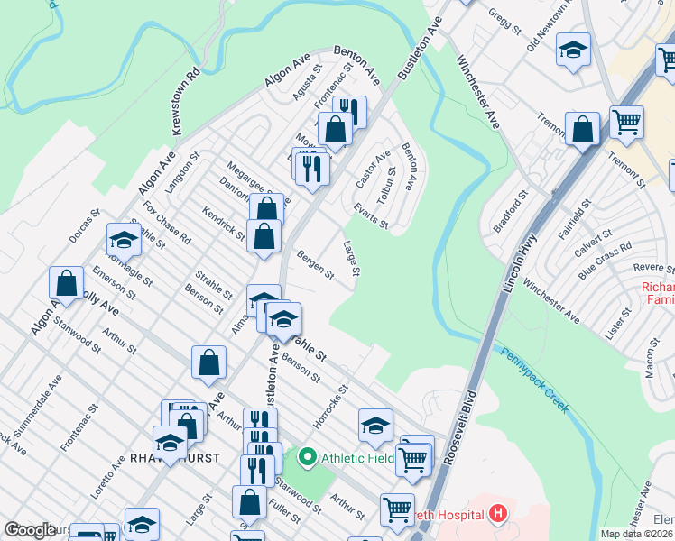 map of restaurants, bars, coffee shops, grocery stores, and more near 2026 Bergen Street in Philadelphia