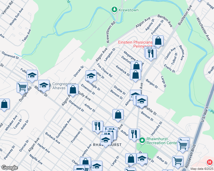 map of restaurants, bars, coffee shops, grocery stores, and more near 1725 Benson Street in Philadelphia