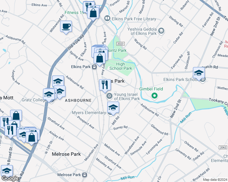 map of restaurants, bars, coffee shops, grocery stores, and more near 1318 Ashbourne Road in Elkins Park