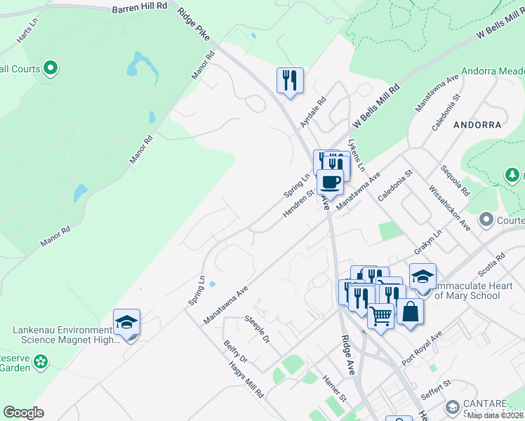 map of restaurants, bars, coffee shops, grocery stores, and more near 646 Spring Lane in Philadelphia
