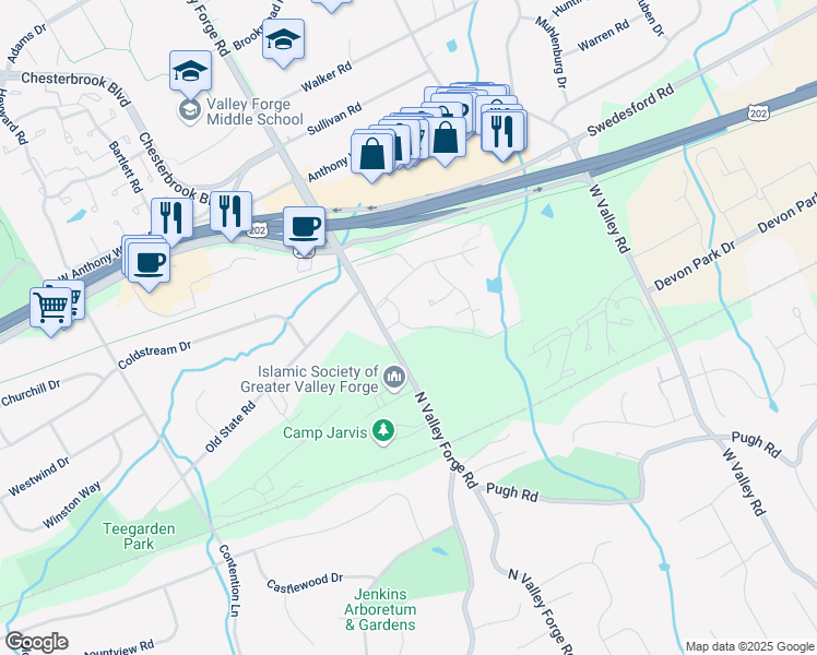map of restaurants, bars, coffee shops, grocery stores, and more near 350 Old Forge Crossing in Devon