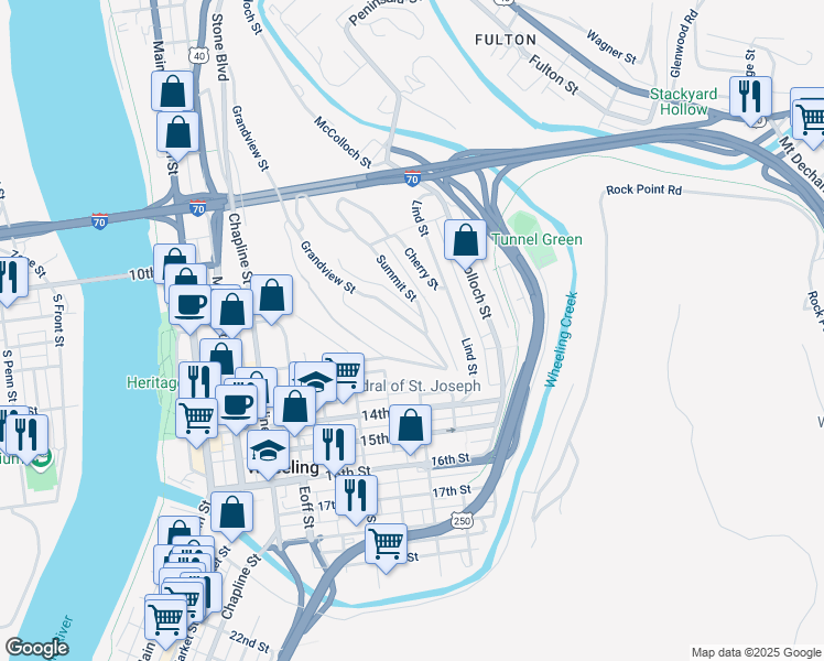 map of restaurants, bars, coffee shops, grocery stores, and more near 117G Grandview St in Wheeling