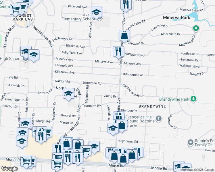 map of restaurants, bars, coffee shops, grocery stores, and more near 4832 Bradington Court in Columbus