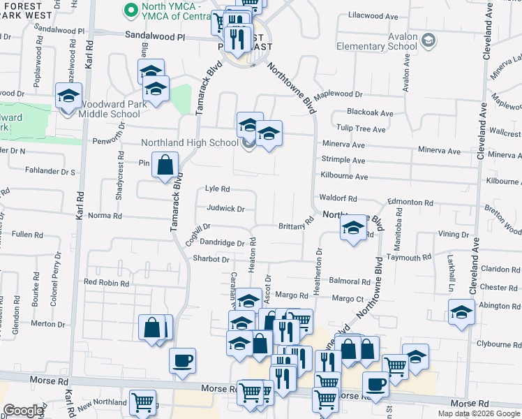 map of restaurants, bars, coffee shops, grocery stores, and more near 4893 Brittany Court West in Columbus