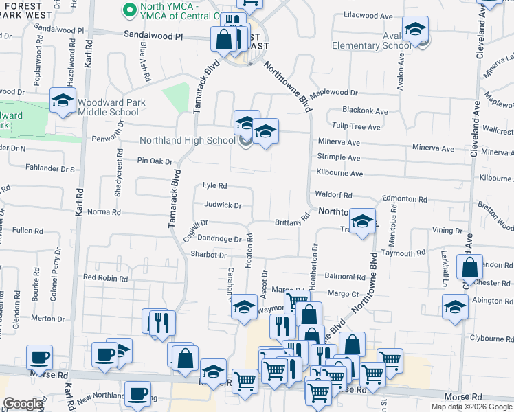 map of restaurants, bars, coffee shops, grocery stores, and more near 4893 Brittany Court West in Columbus