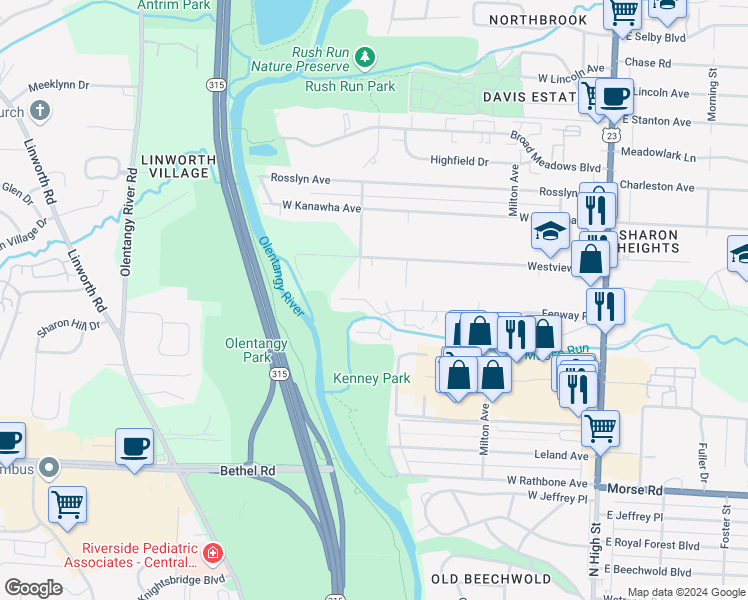 map of restaurants, bars, coffee shops, grocery stores, and more near 384 Olentangy Forest Drive in Columbus