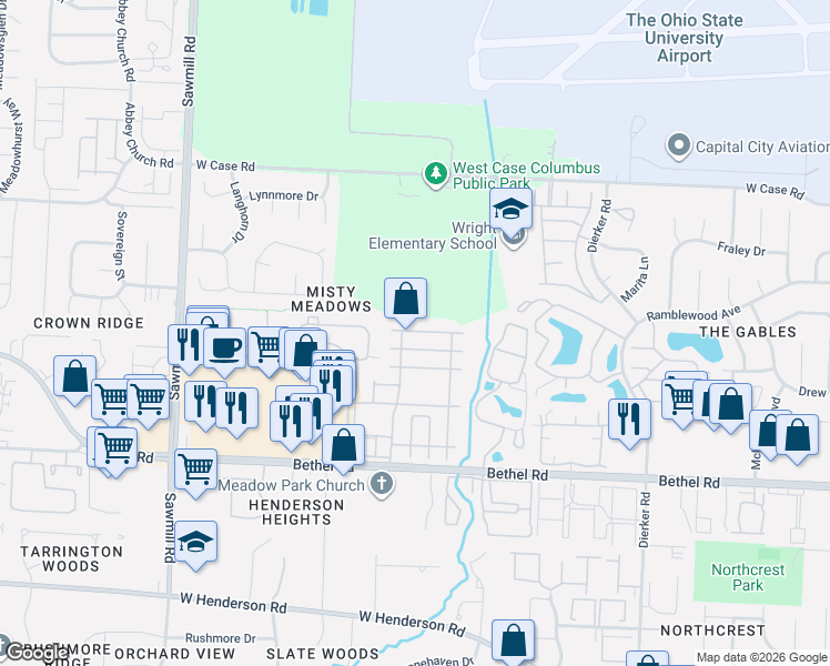 map of restaurants, bars, coffee shops, grocery stores, and more near 2527 Hyacinth Lane in Columbus