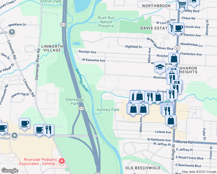 map of restaurants, bars, coffee shops, grocery stores, and more near 384 Olentangy Forest Drive in Columbus
