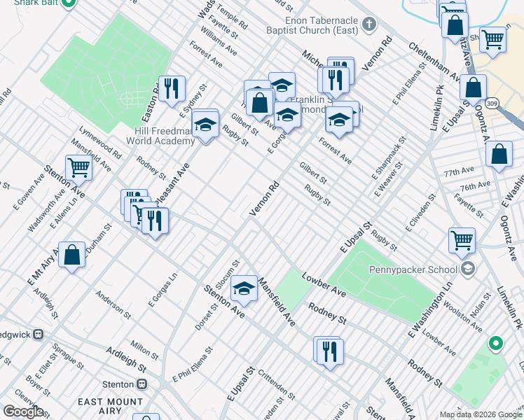 map of restaurants, bars, coffee shops, grocery stores, and more near 1112 Slocum Street in Philadelphia