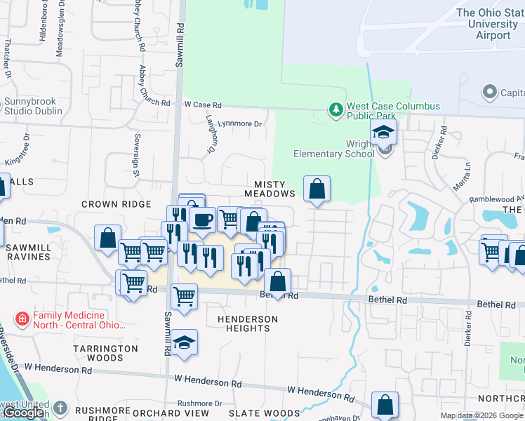 map of restaurants, bars, coffee shops, grocery stores, and more near 2645 Resler Drive in Columbus