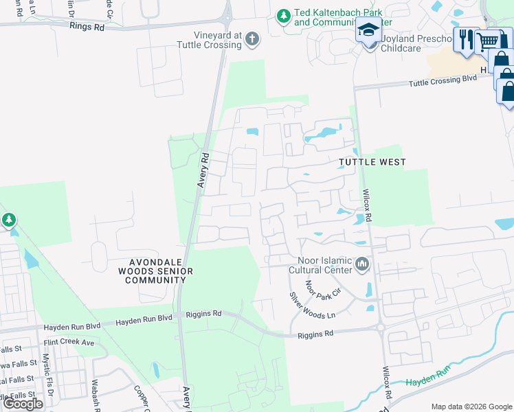 map of restaurants, bars, coffee shops, grocery stores, and more near 5184 Vinings Bend in Dublin