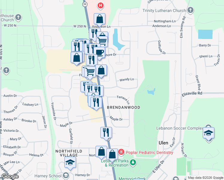 map of restaurants, bars, coffee shops, grocery stores, and more near 300 Terrace Lane in Lebanon