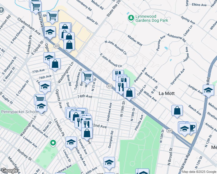 map of restaurants, bars, coffee shops, grocery stores, and more near 1968 West Cheltenham Avenue in Philadelphia