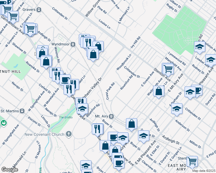 map of restaurants, bars, coffee shops, grocery stores, and more near 317 Crest Park Road in Philadelphia