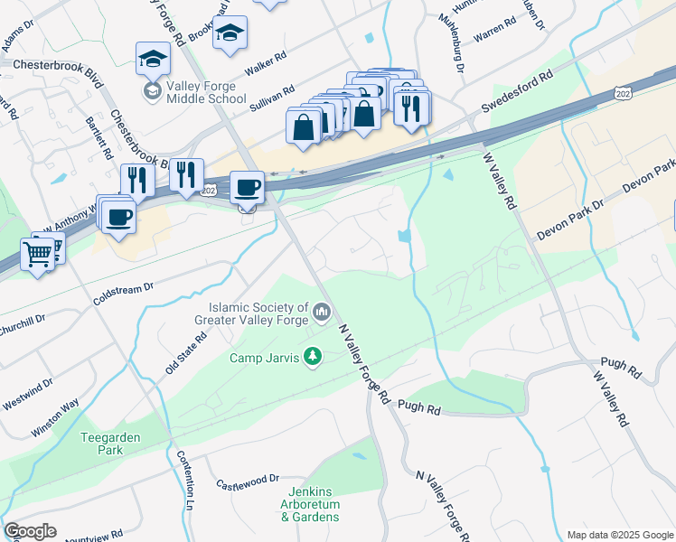 map of restaurants, bars, coffee shops, grocery stores, and more near 343 Old Forge Crossing in Devon