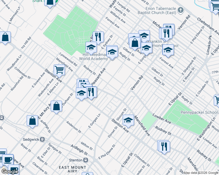 map of restaurants, bars, coffee shops, grocery stores, and more near 8041 Mansfield Avenue in Philadelphia