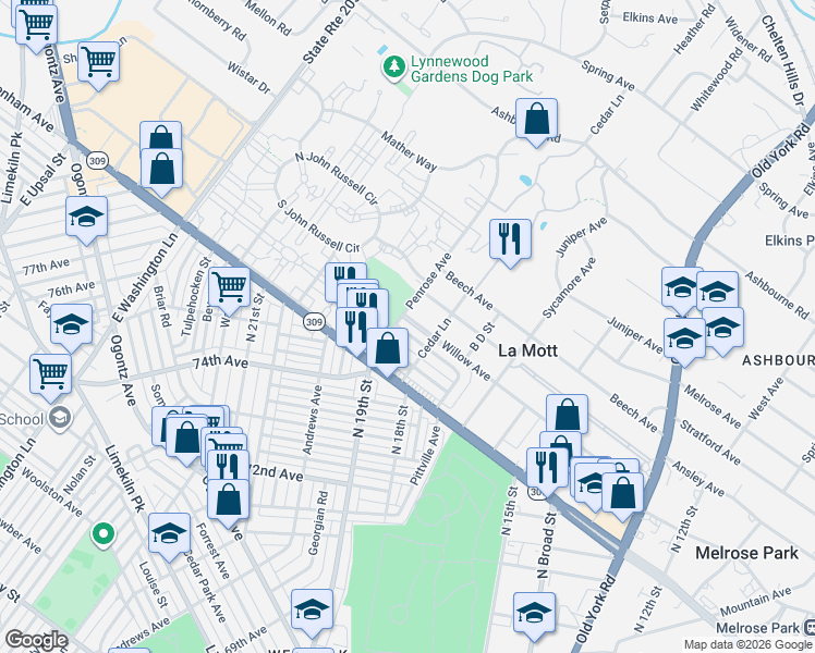 map of restaurants, bars, coffee shops, grocery stores, and more near 1819 Chelsea Road in La Mott