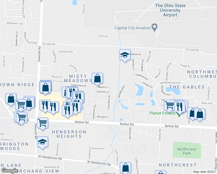 map of restaurants, bars, coffee shops, grocery stores, and more near 2468 Maxim Ln in Columbus