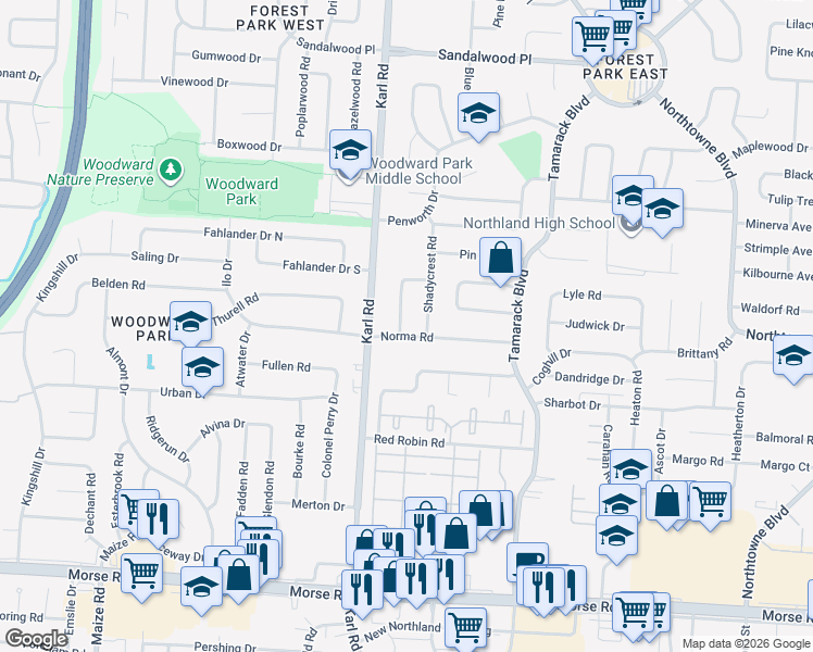 map of restaurants, bars, coffee shops, grocery stores, and more near 1601 Norma Road in Columbus