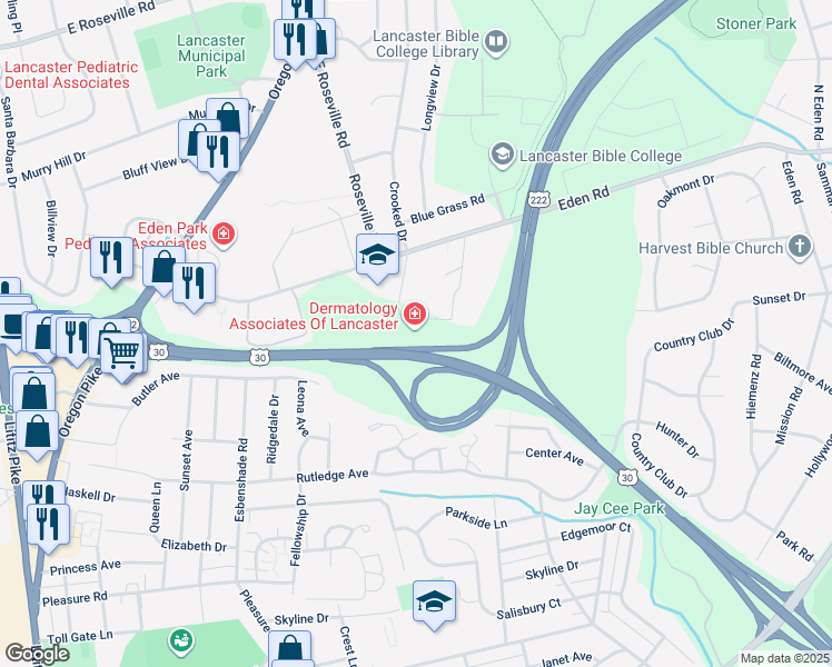 map of restaurants, bars, coffee shops, grocery stores, and more near 1650 Crooked Oak Drive in Lancaster