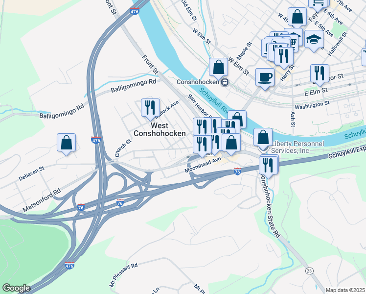 map of restaurants, bars, coffee shops, grocery stores, and more near 5 Cedar Ave in West Conshohocken