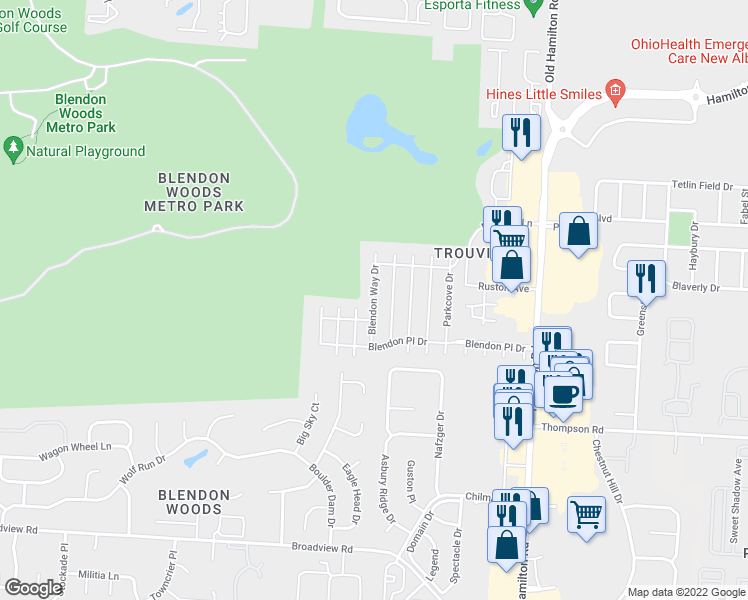 map of restaurants, bars, coffee shops, grocery stores, and more near Blendon Way in Columbus