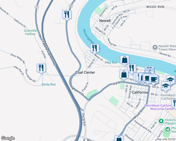 map of restaurants, bars, coffee shops, grocery stores, and more near 155 Poplar Drive in Coal Center