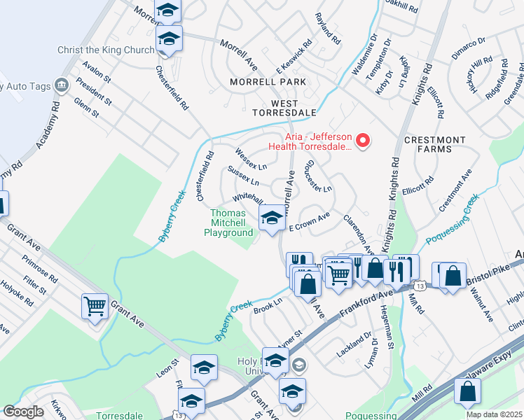 map of restaurants, bars, coffee shops, grocery stores, and more near 3662 Whitehall Lane in Philadelphia