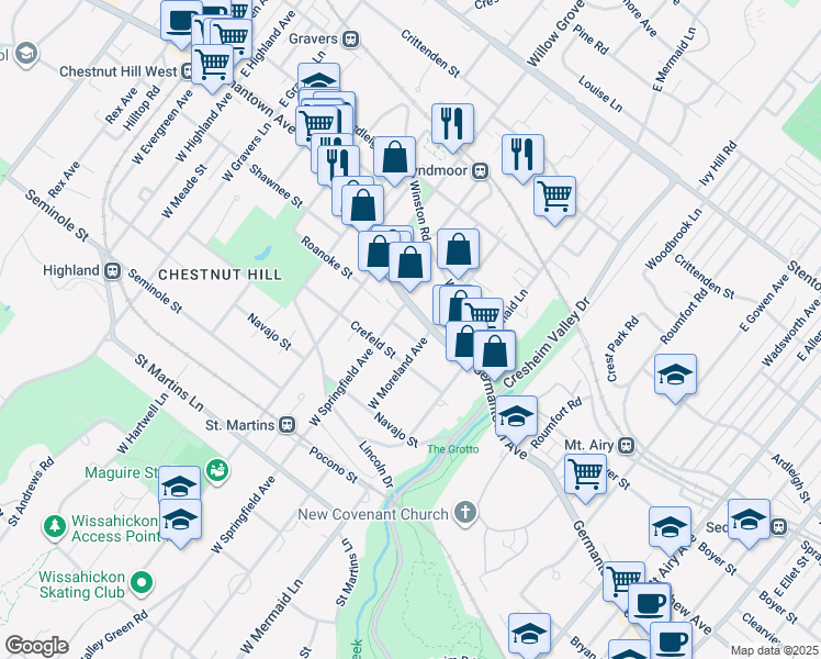 map of restaurants, bars, coffee shops, grocery stores, and more near 7809 Roanoke Street in Philadelphia
