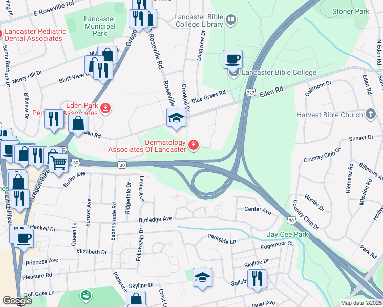 map of restaurants, bars, coffee shops, grocery stores, and more near 1650 Crooked Oak Drive in Lancaster