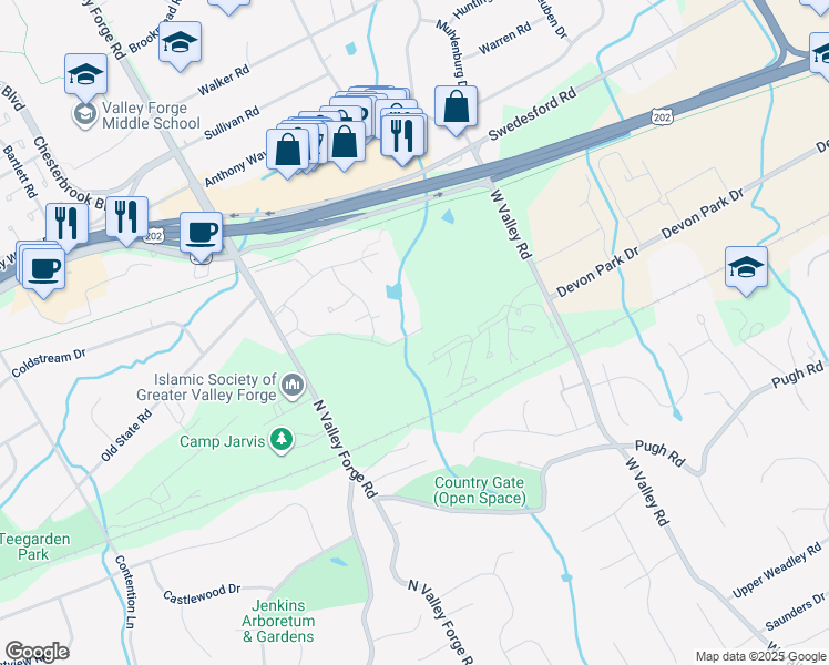 map of restaurants, bars, coffee shops, grocery stores, and more near 505 Old Forge Crossing in Wayne