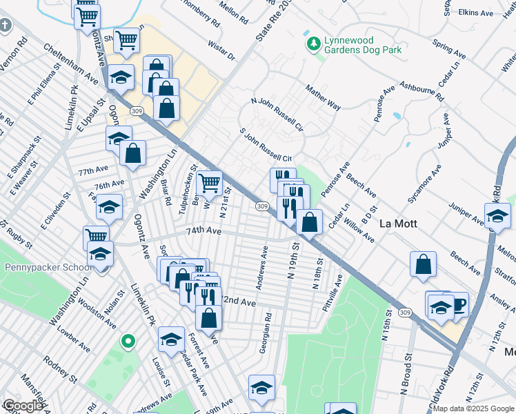 map of restaurants, bars, coffee shops, grocery stores, and more near 1974 West Cheltenham Avenue in Philadelphia