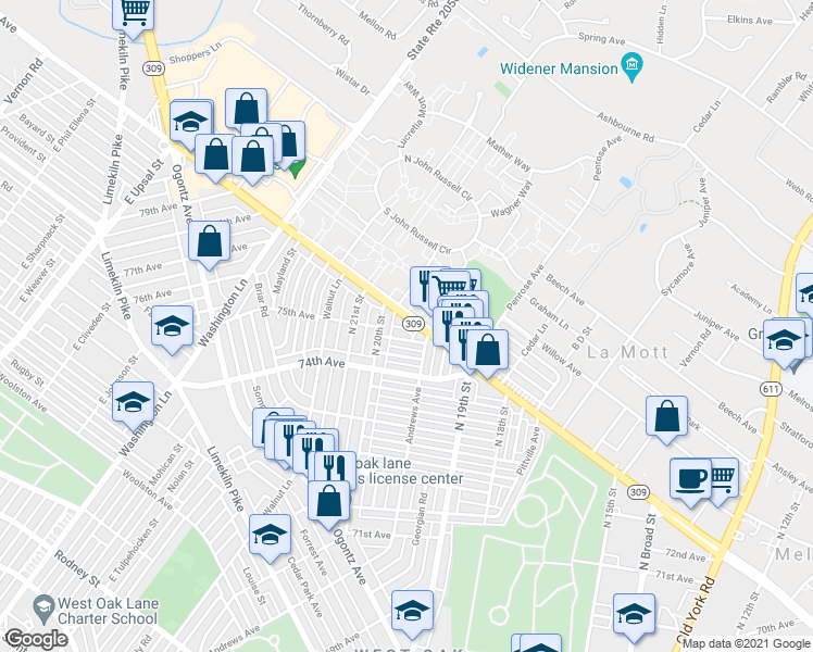 map of restaurants, bars, coffee shops, grocery stores, and more near 1974 West Cheltenham Avenue in Philadelphia