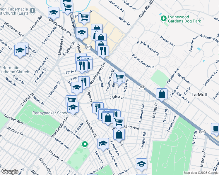 map of restaurants, bars, coffee shops, grocery stores, and more near 7481 Tulpehocken Street in Philadelphia