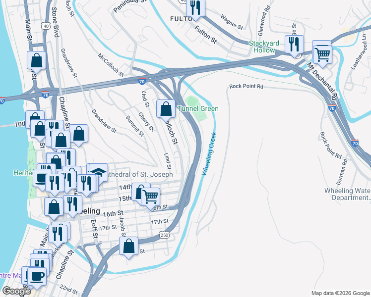 map of restaurants, bars, coffee shops, grocery stores, and more near Ln I in Wheeling