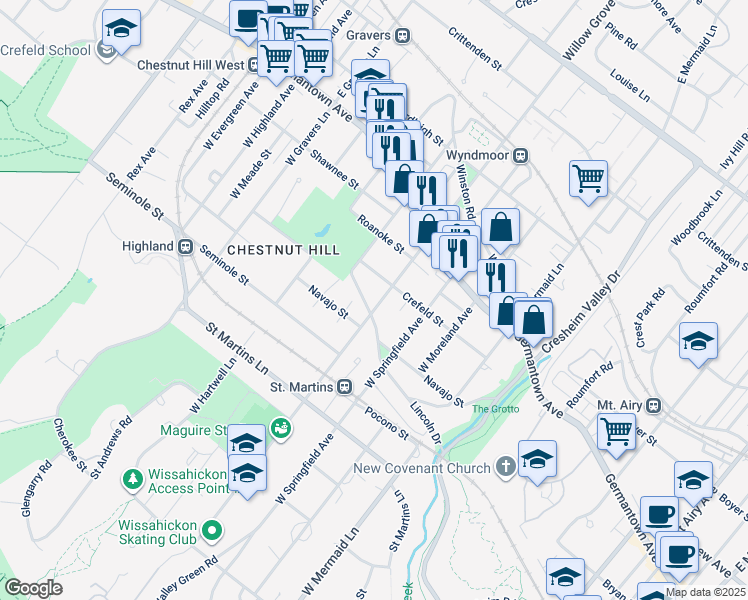 map of restaurants, bars, coffee shops, grocery stores, and more near 133 West Willow Grove Avenue in Philadelphia