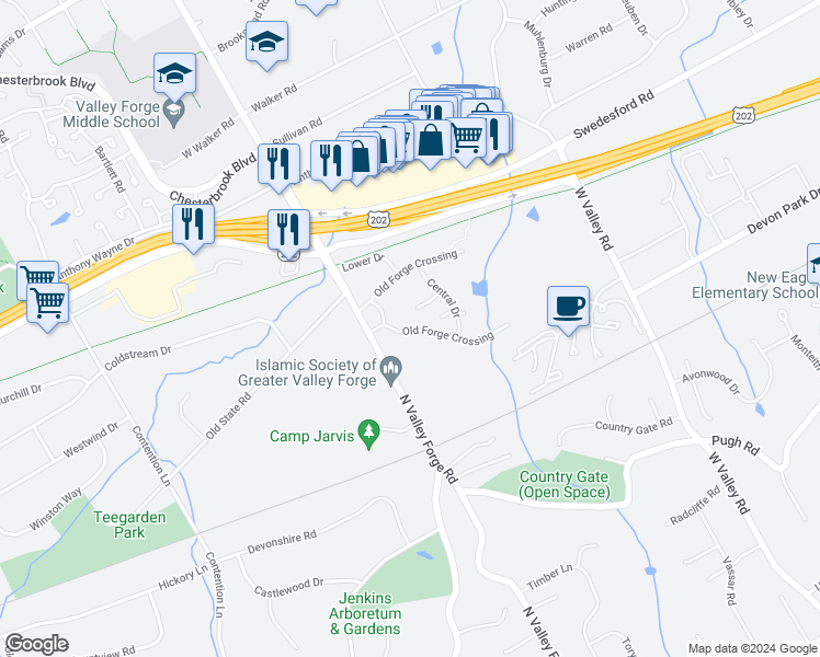 map of restaurants, bars, coffee shops, grocery stores, and more near 343 Old Forge Crossing in Devon