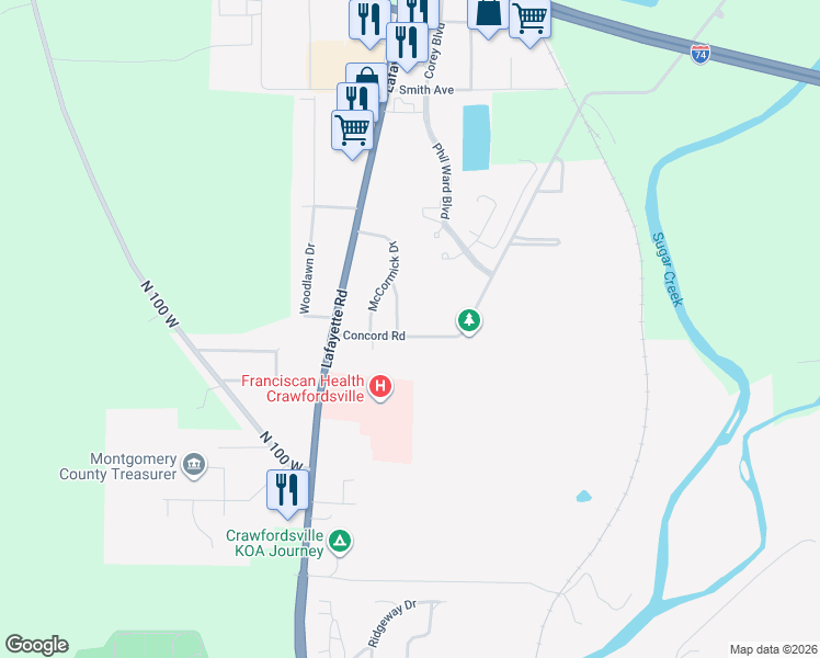 map of restaurants, bars, coffee shops, grocery stores, and more near 233 Concord Road in Crawfordsville