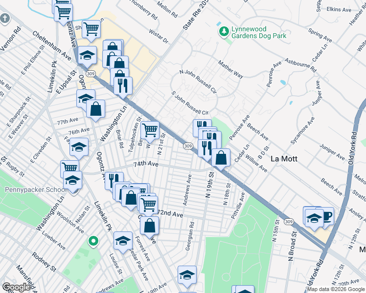 map of restaurants, bars, coffee shops, grocery stores, and more near 7423 North 20th Street in Philadelphia