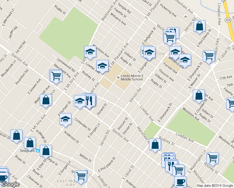 map of restaurants, bars, coffee shops, grocery stores, and more near 8016 Rodney Street in Philadelphia