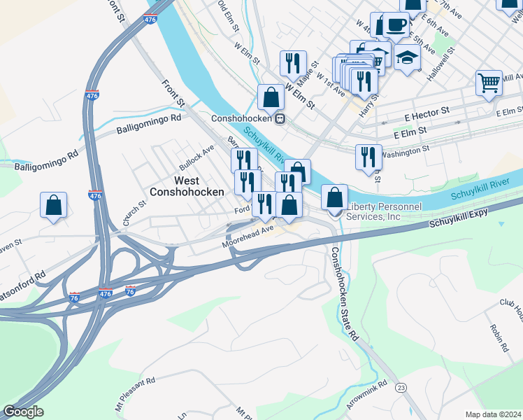 map of restaurants, bars, coffee shops, grocery stores, and more near 128 Moorehead Avenue in Conshohocken