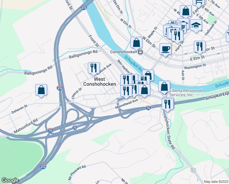 map of restaurants, bars, coffee shops, grocery stores, and more near 5 Cedar Ave in West Conshohocken