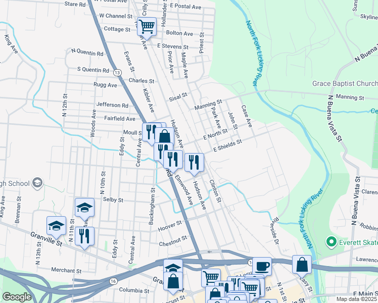 map of restaurants, bars, coffee shops, grocery stores, and more near 350 Hudson Avenue in Newark