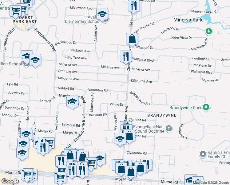 map of restaurants, bars, coffee shops, grocery stores, and more near 4832 Bradington Court in Columbus