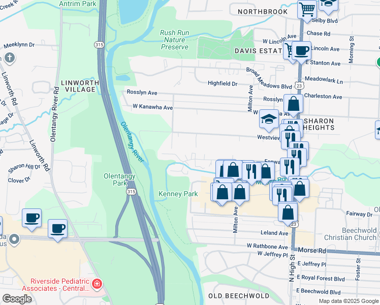 map of restaurants, bars, coffee shops, grocery stores, and more near 331 Fenway Road in Columbus