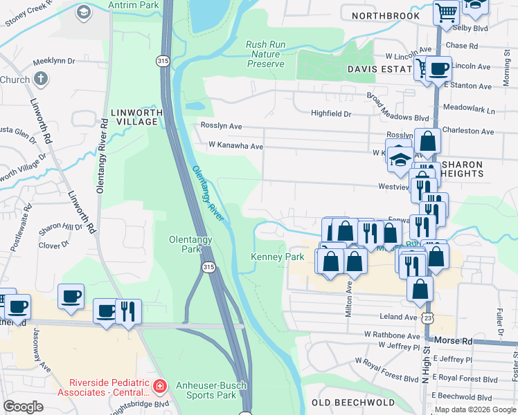 map of restaurants, bars, coffee shops, grocery stores, and more near 384 Olentangy Forest Drive in Columbus